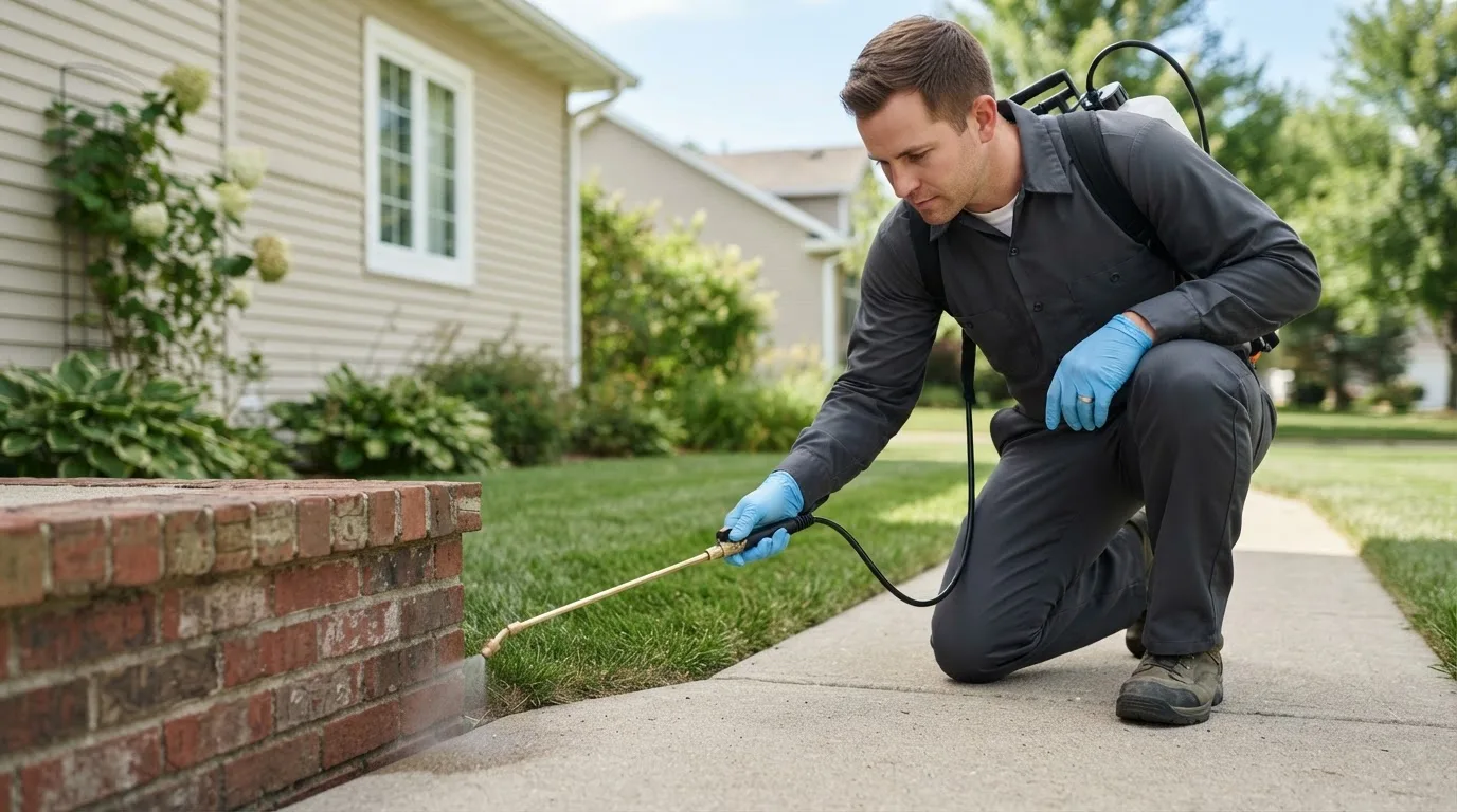 Pest control technician treating a home near Stewart, OH